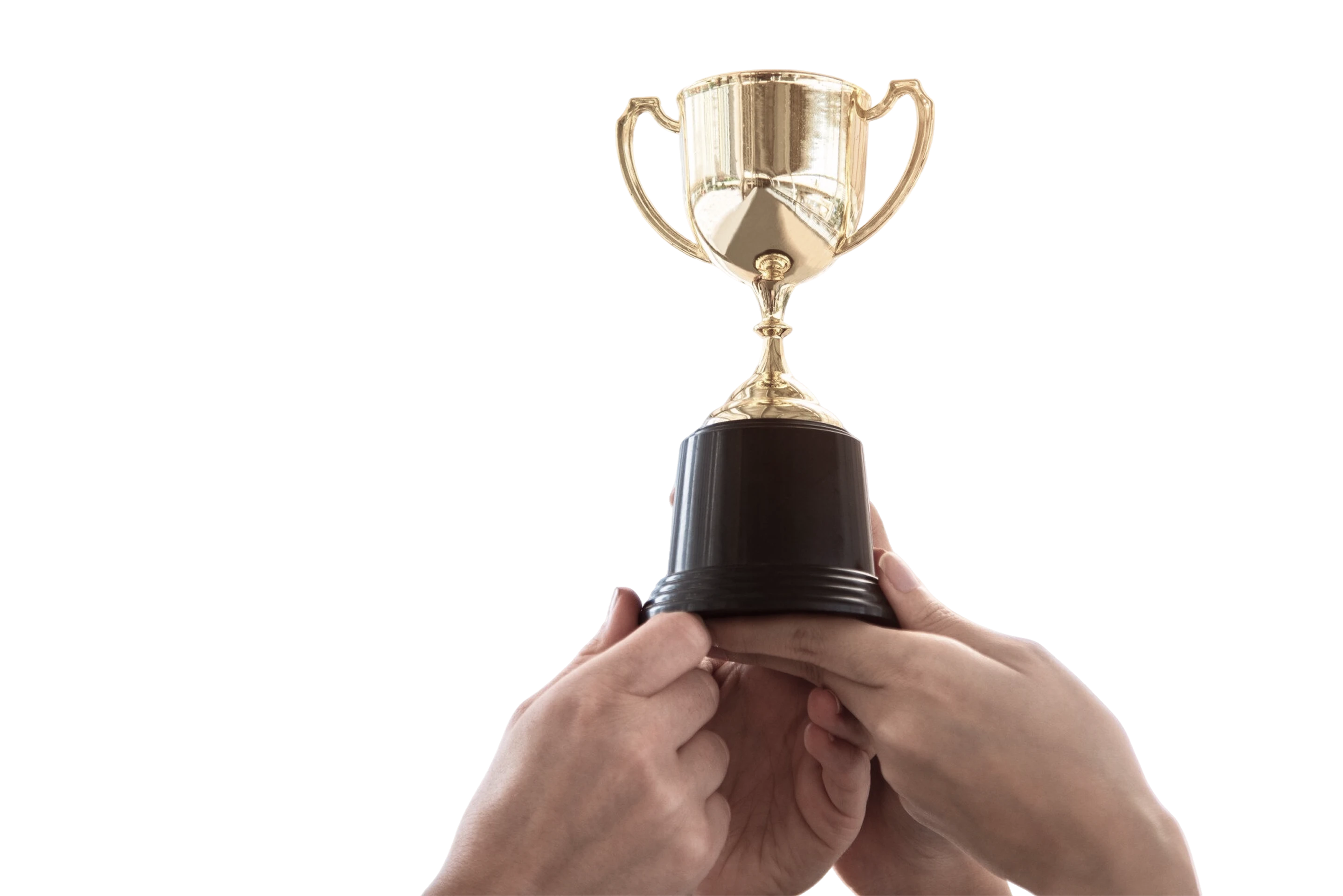 Golden trophy being held up in celebration Golden trophy being held up in celebration